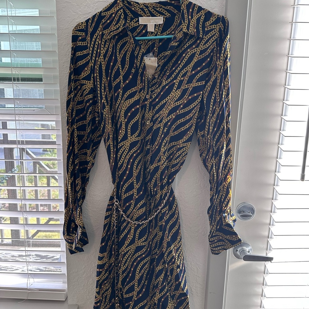 Michael Kors Elegant Navy and Gold Chain Print Dress